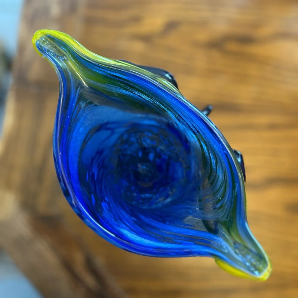 Vintage Murano Glass Hand Blown 12 Inch Tall Blue and Yellow Decorative Owl Vase